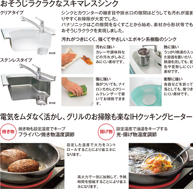 おそうじラクラクなスキマレスシンク　電気をムダなく活かし、グリルのお掃除も楽なIHクッキングヒーター